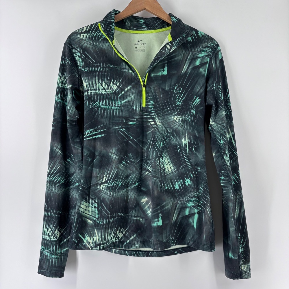 Nike Dri-FIT Pullover Womens Large‎ Teal Black Neon 1/4 Zip Thumbhole Activewear